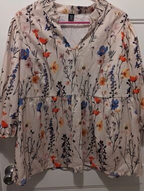 SHEIN Curve Floral V-Neck Peplum Blouse w/ Elastic Cuff Balloon Sleeves 2XL